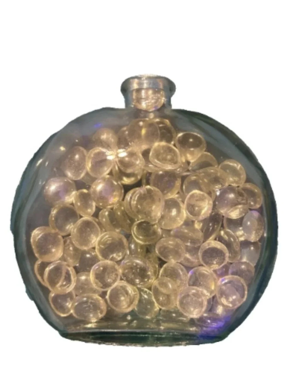 Iridescent Glass Flask Vessel Bottle with Clear Flat Glass Gems Marbles Accent